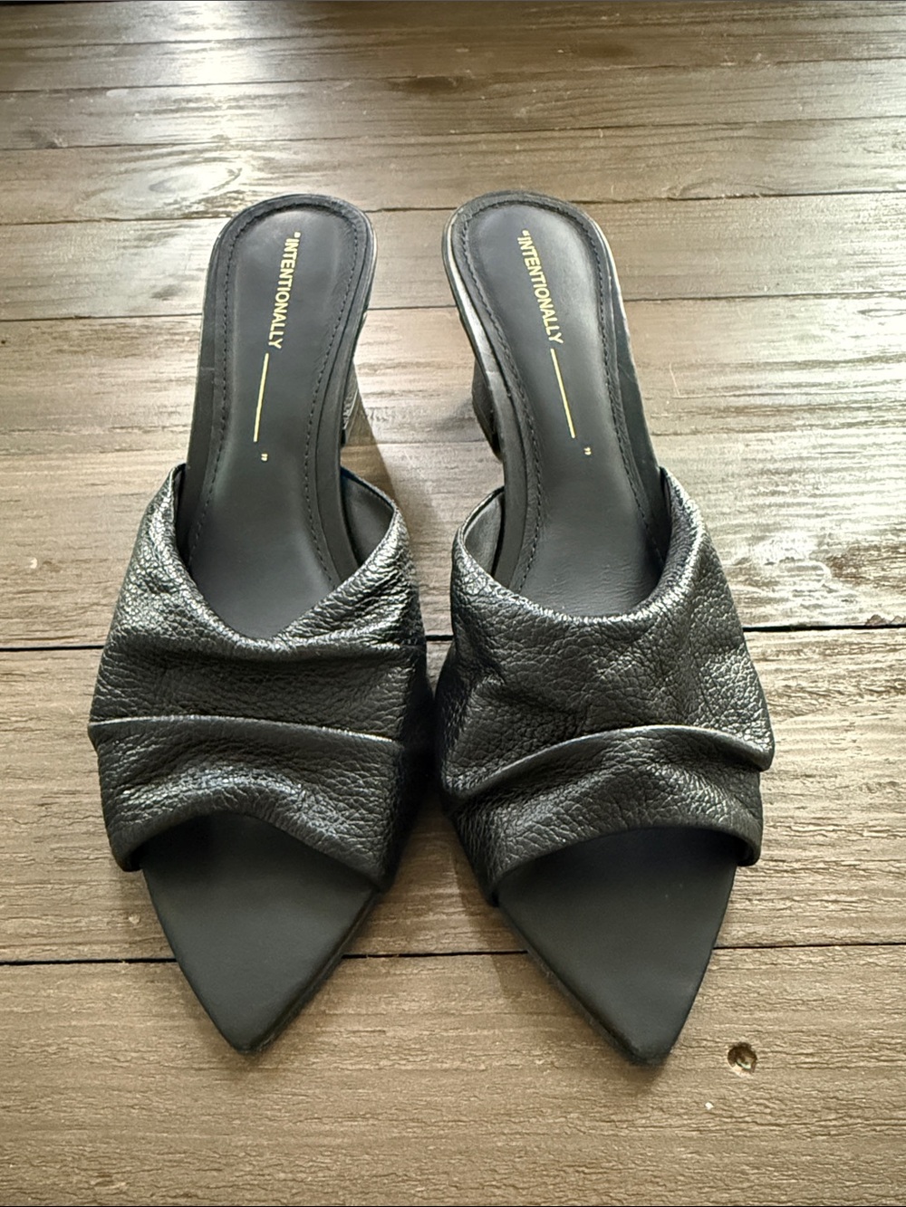 INTENTIONALLY BLANK Black Ruched Leather Pointed Slide Mules